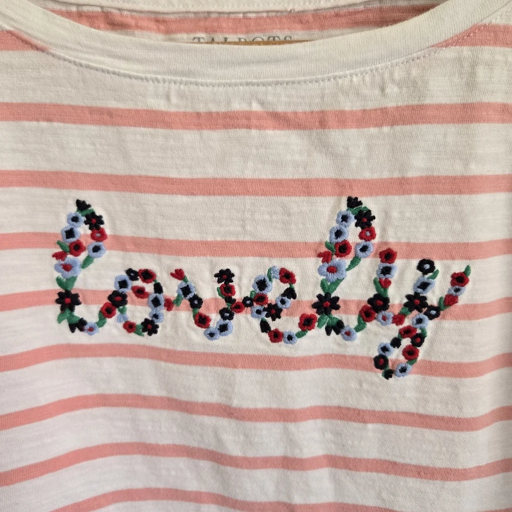 Talbots 'Lovely' Tee Shirt Top Pink Striped Embroidery 3/4 Sleeves Size L Petite - Picture 3 of 9